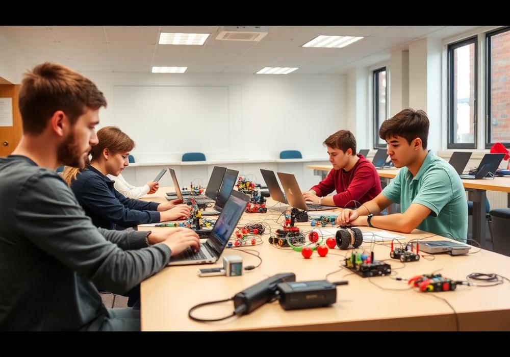Окуучулар Arduino жана робототехника комплекттери менен иштеп жатышат